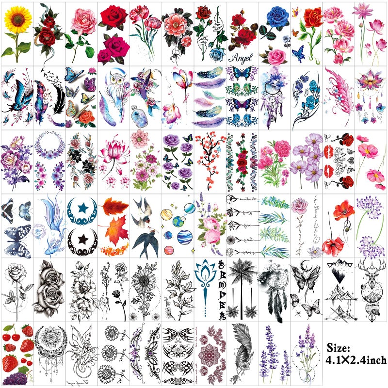 Zomme 82 Sheets Flowers Temporary Tattoos Stickers, Roses, Butterflies and Multi-Colored Mixed Style Body Art Temporary Tattoos for Women, Girls or Kids - Image 2